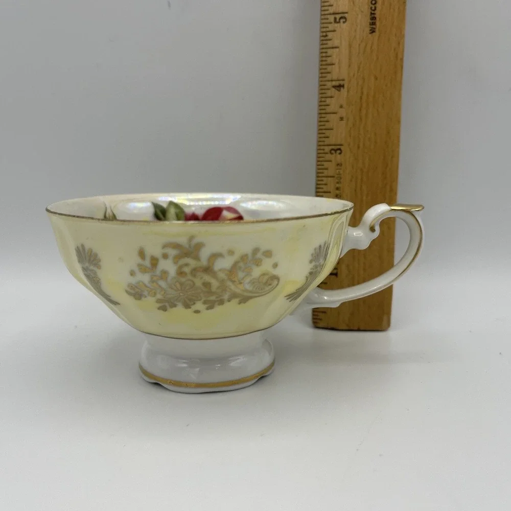 Vintage LM Royal Halsey Very Fine Cup Saucer Pink Roses‎ Yellow Lusterware Gold